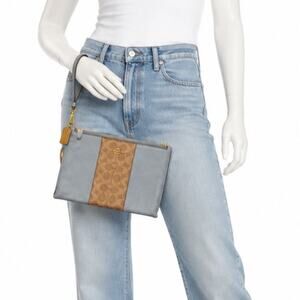 Coach Charlie Pouch Colorblock Signature Canvas Leather Wristlet Blue Tan Gold